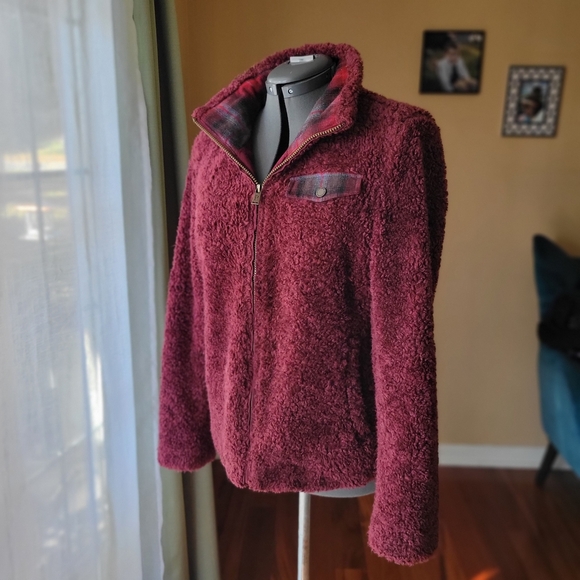 Pendleton Cozy Burgundy Teddy Bear Sherpa Jacket Size Small with Plaid Accents - Picture 2 of 8